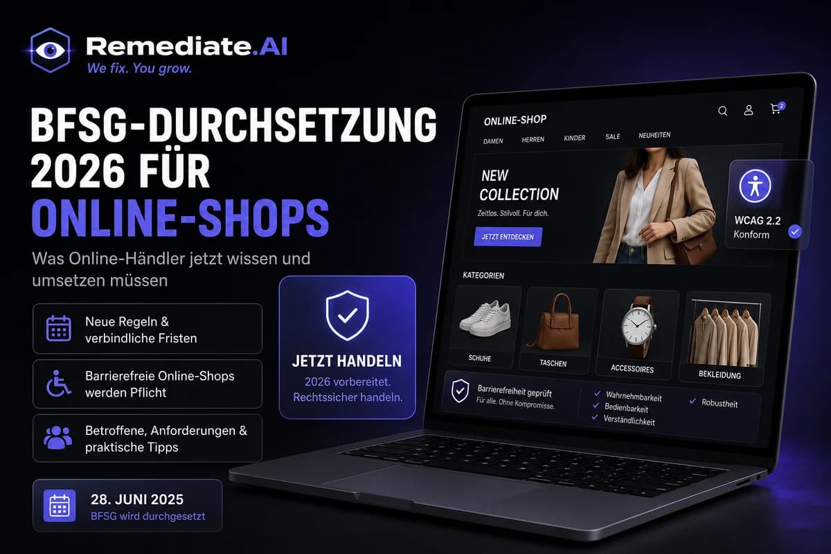 Grafik für einen Blogbeitrag von Remediate.AI zur BFSG-Durchsetzung 2026 für Online-Shops: dunkles, modernes Layout mit Remediate.AI-Logo, großer Überschrift „BFSG-Durchsetzung 2026 für Online-Shops“, Hinweisen zu neuen Regeln, verbindlichen Fristen und Barrierefreiheitspflichten, einem hervorgehobenen Kasten „Jetzt handeln“ sowie einem Laptop mit Online-Shop-Oberfläche und WCAG-2.2-Konformitäts-Hinweis. Unten steht die Frist: 28. Juni 2025.