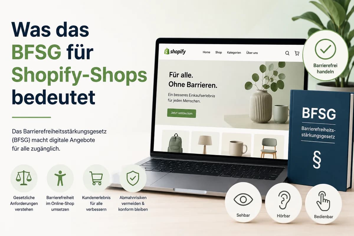Illustration zum Blogbeitrag „Was das BFSG für Shopify-Shops bedeutet“: Links steht die große Überschrift mit einem kurzen Hinweis, dass das Barrierefreiheitsstärkungsgesetz (BFSG) digitale Angebote zugänglich machen soll. Rechts ist ein Laptop mit einem Shopify-Shop zu sehen, daneben ein BFSG-Buch und Symbole für barrierefreies Handeln sowie für sehbare, hörbare und bedienbare Inhalte. Unten zeigen Icons die Themen gesetzliche Anforderungen, Barrierefreiheit im Online-Shop, besseres Kundenerlebnis und geringere Abmahnrisiken.